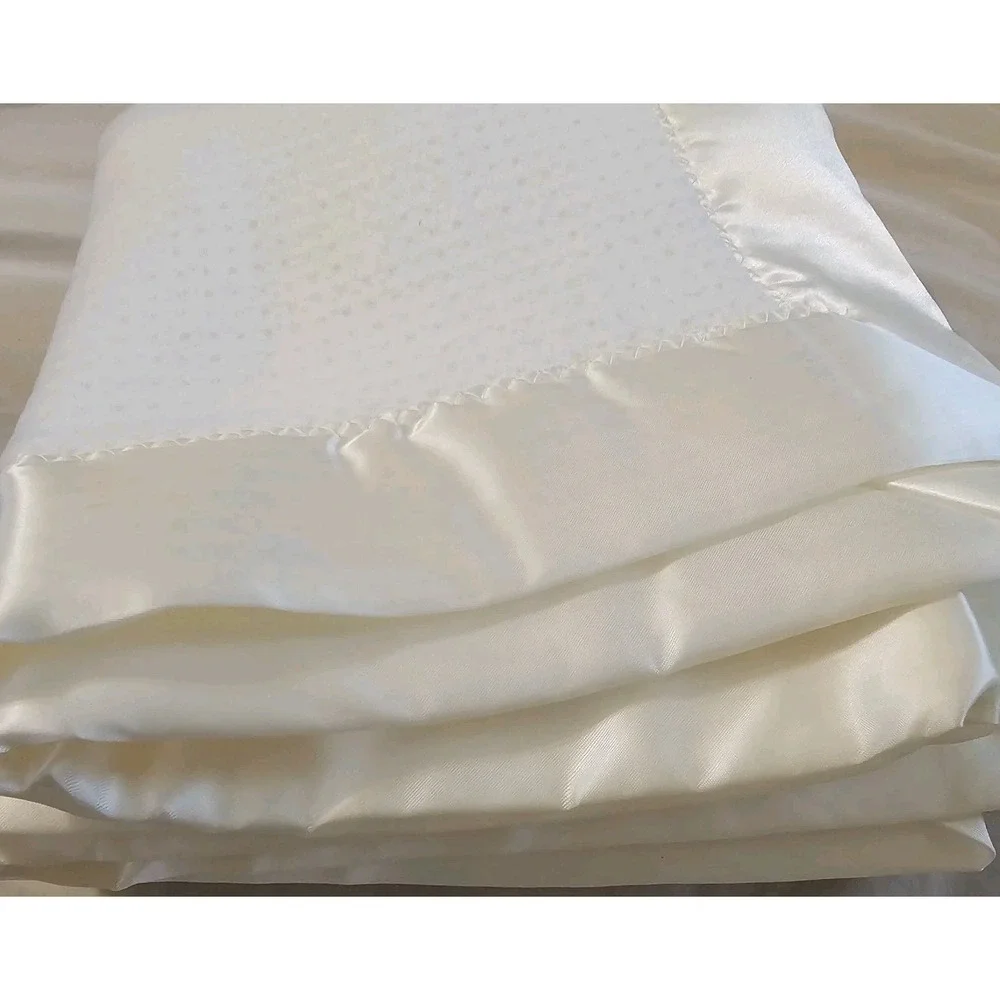 Vintage ATKINS Baby Crib Blanket White Acrylic Weave Satin Trim/Binding